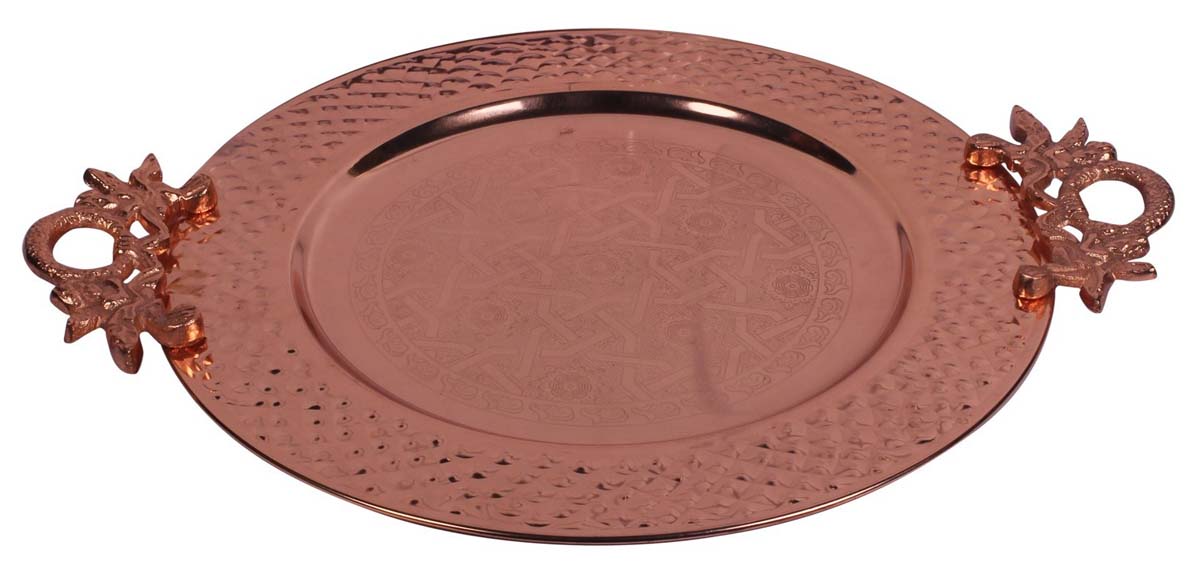 Buy in Bulk Wholesale Metal Decorative Tray - 17.5” Round Copper Color - Hand-Engraved Serving Tray with Decorative Aluminium Handles - Home Decor/Kitchen Essentials